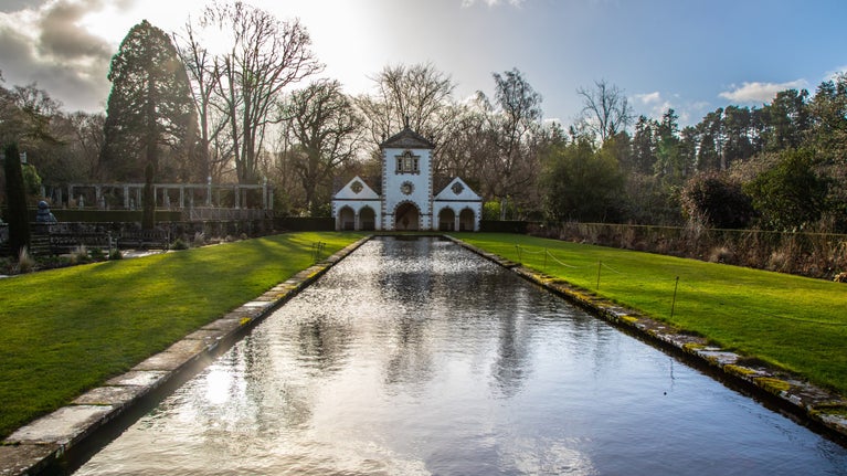 View of the Canal Terrace and Pin Mill during the winter at Bodnant Garden